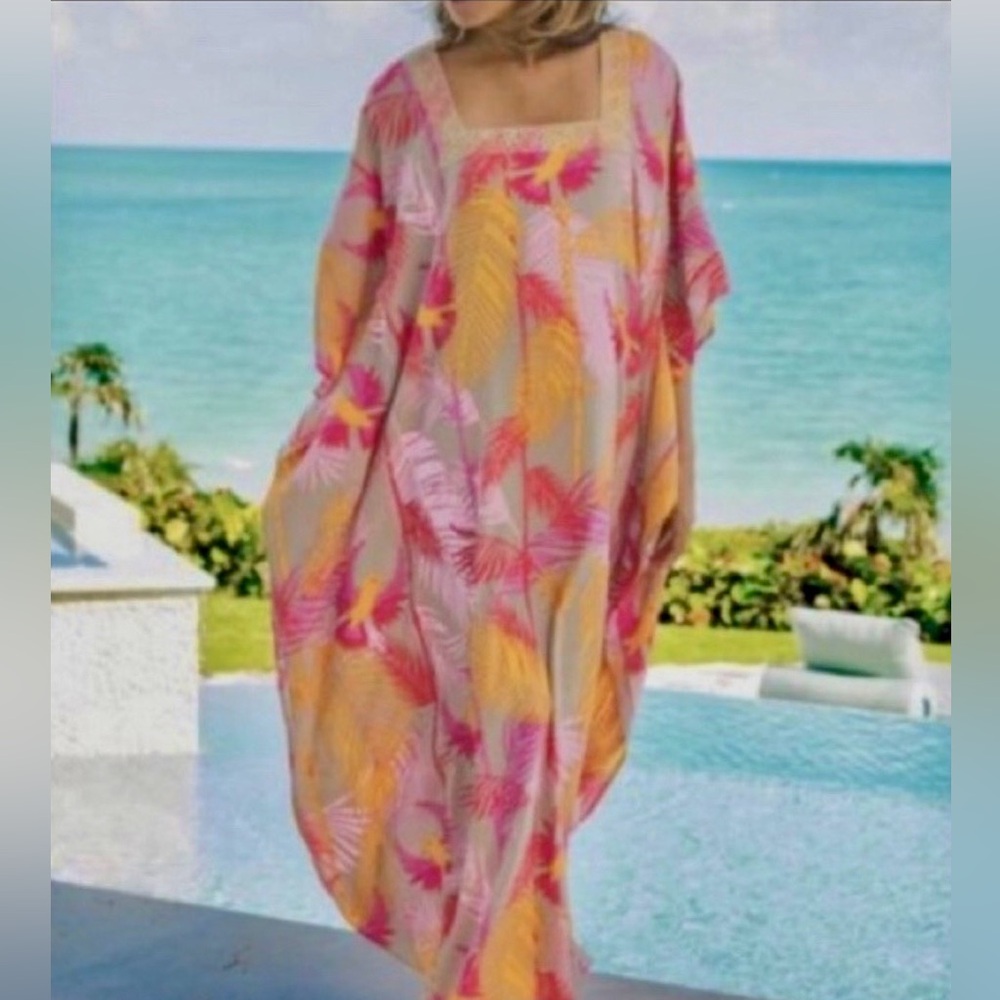 Soft Surroundings Tropical Bird Print Bahia Caftan Maxi Dress